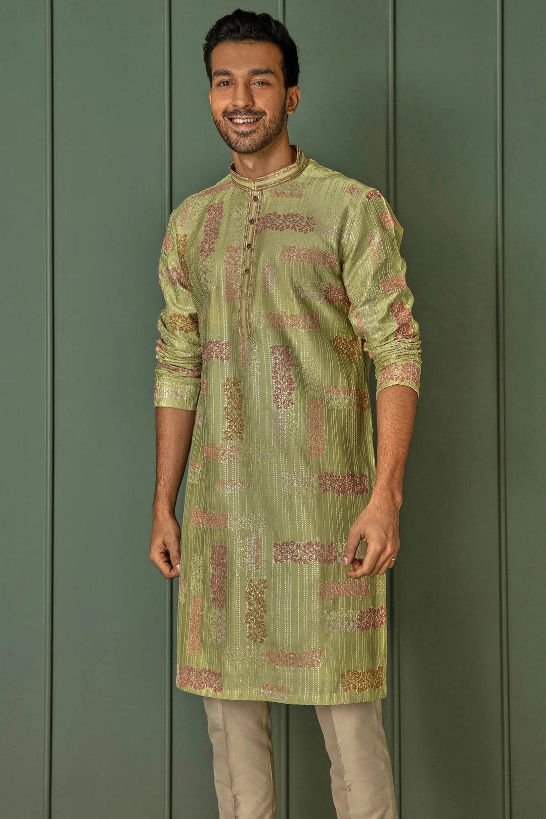 Olive Abstract Sequins Dream Chanderi Silk Kurta - Asuka Couture