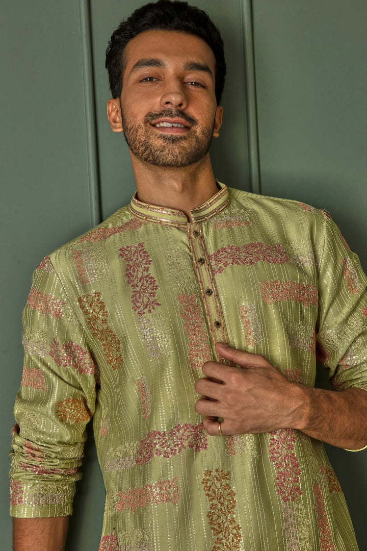 Olive Abstract Sequins Dream Chanderi Silk Kurta - Asuka Couture