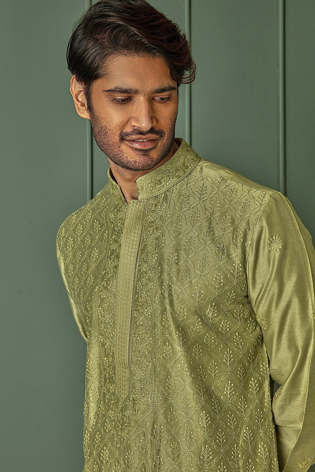 Olive Allure: Olive Green Chanderi Kurta with All Over Resham Motifs - Asuka Couture