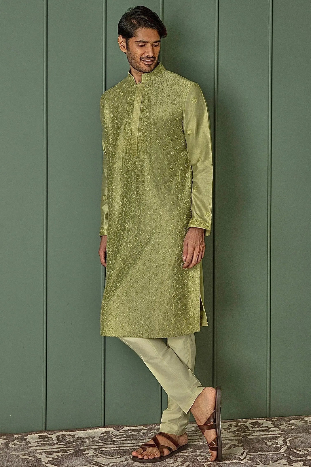 Olive Allure: Olive Green Chanderi Kurta with All Over Resham Motifs - Asuka Couture