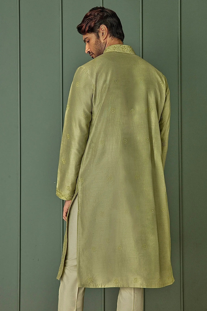 Olive Allure: Olive Green Chanderi Kurta with All Over Resham Motifs - Asuka Couture