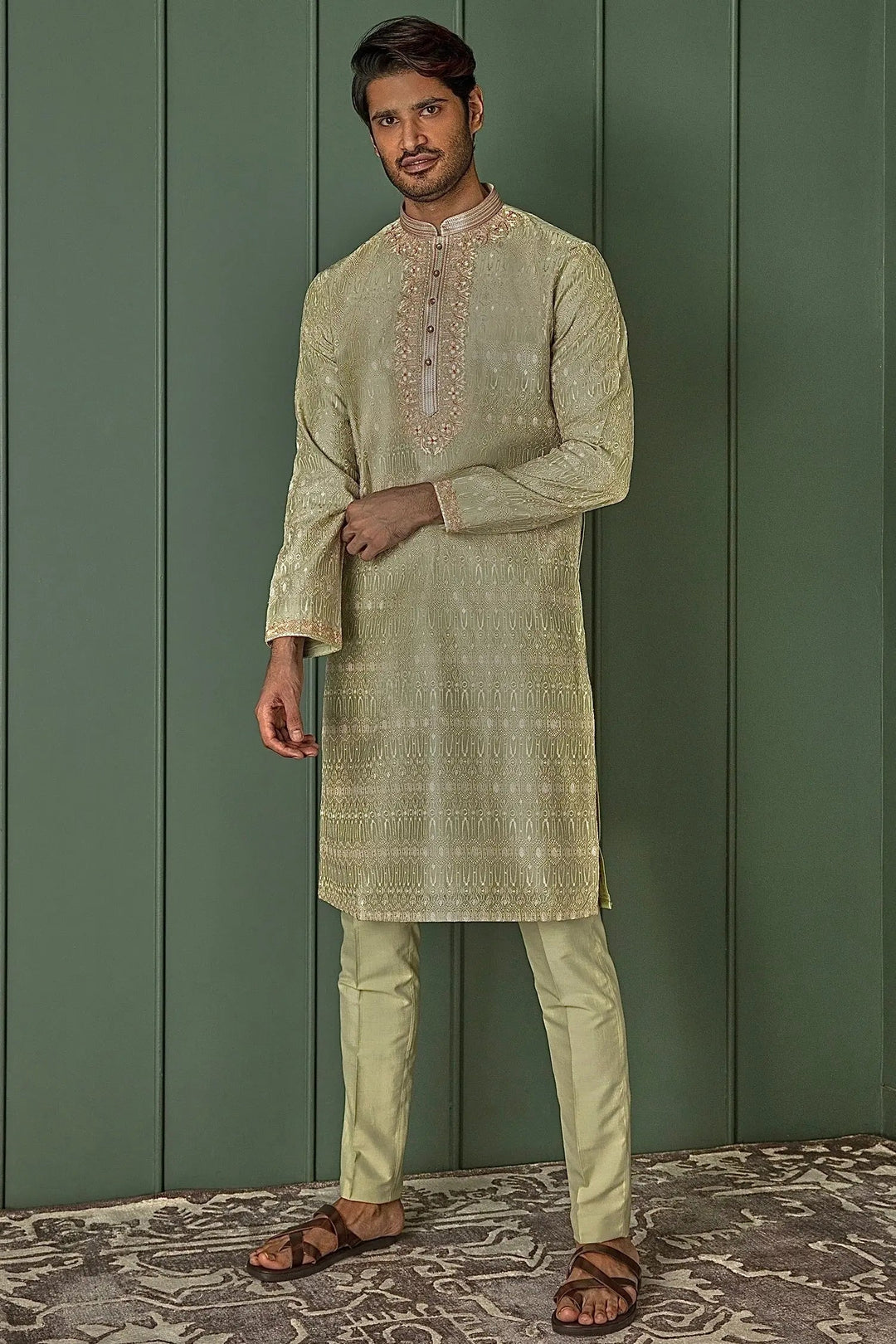Olive Resham Charm Chanderi Silk Kurta - Asuka Couture