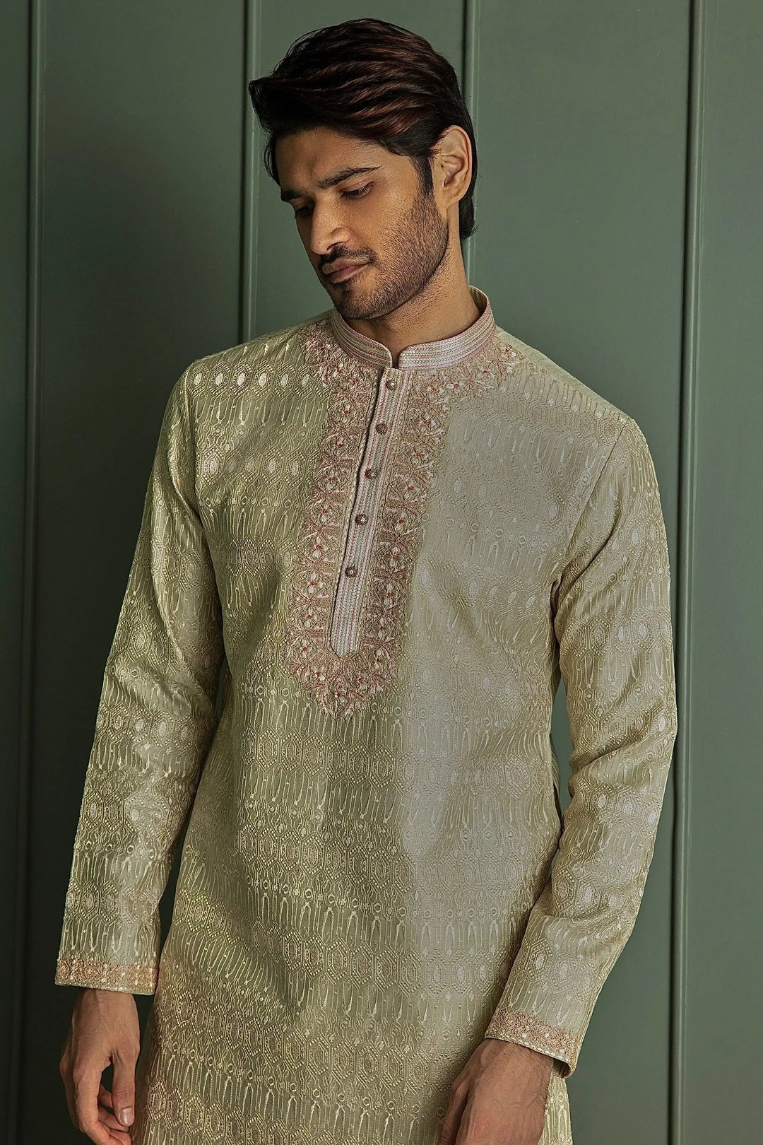 Olive Resham Charm Chanderi Silk Kurta - Asuka Couture