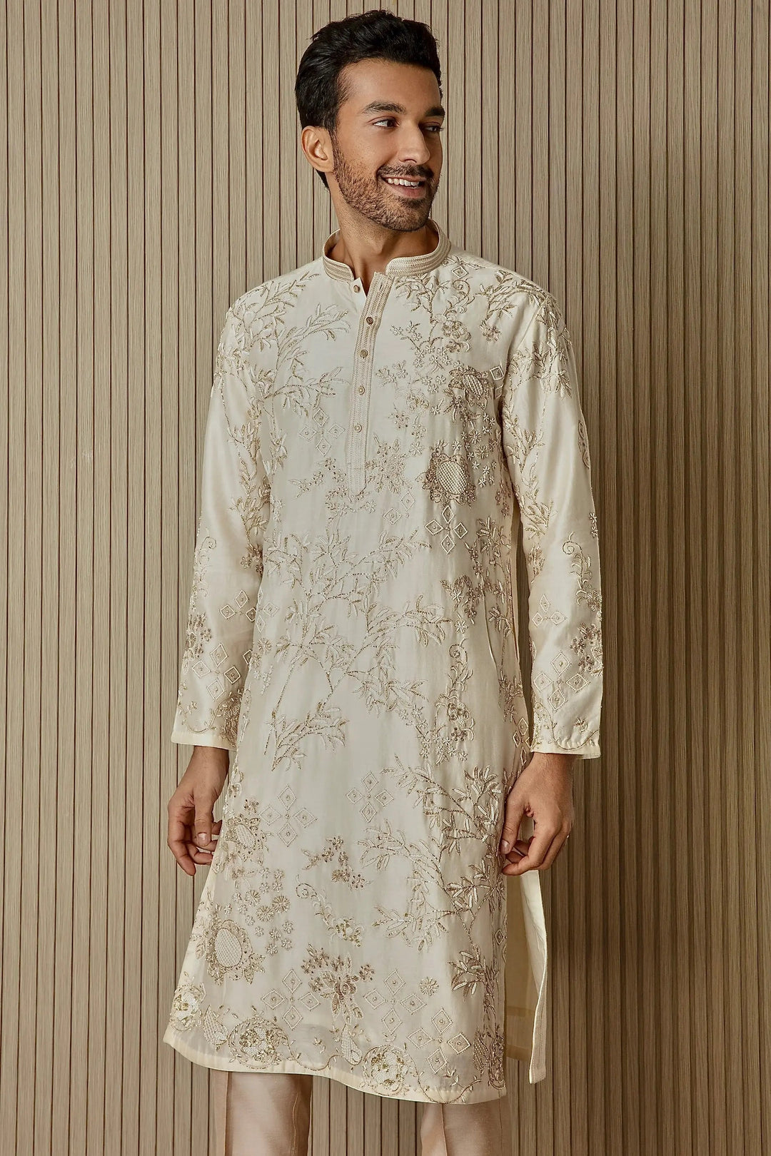 Ivory Opulence: Chanderi Silk Kurta with Sequin, Dabka, Moti, and Resham Embroidery - Asuka Couture