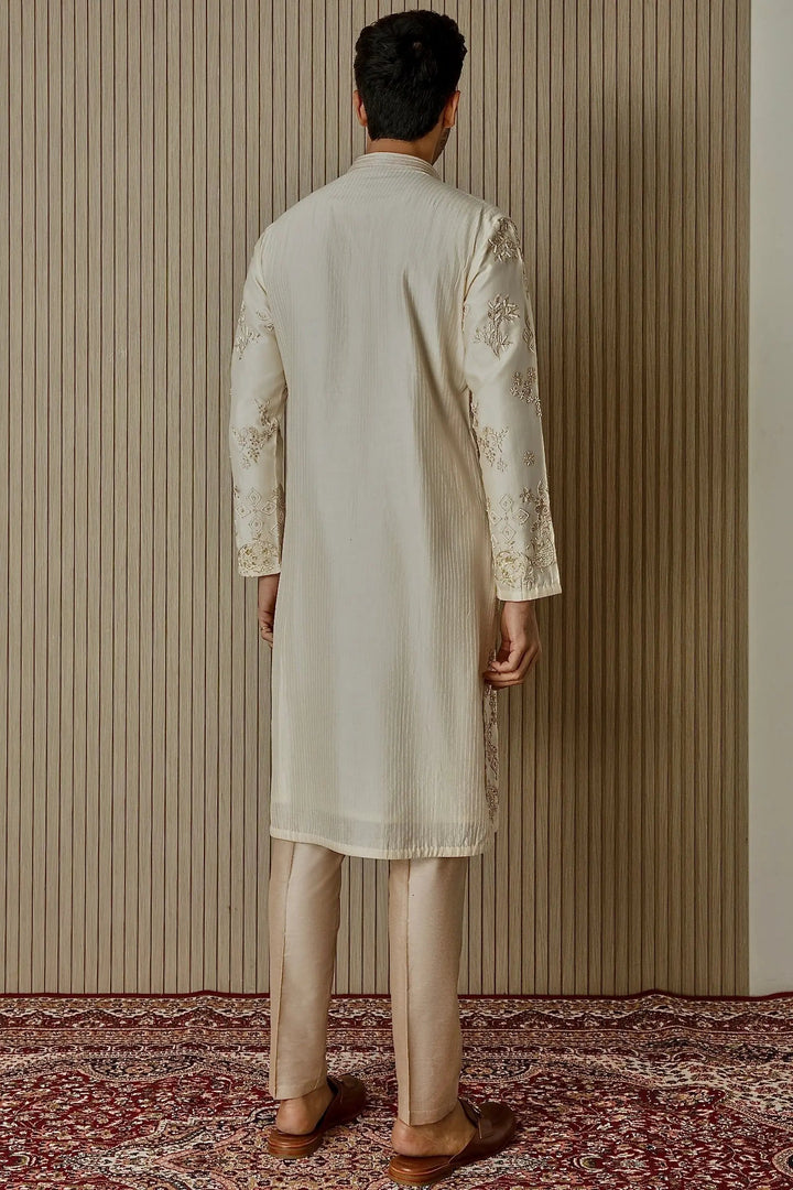 Ivory Opulence: Chanderi Silk Kurta with Sequin, Dabka, Moti, and Resham Embroidery - Asuka Couture