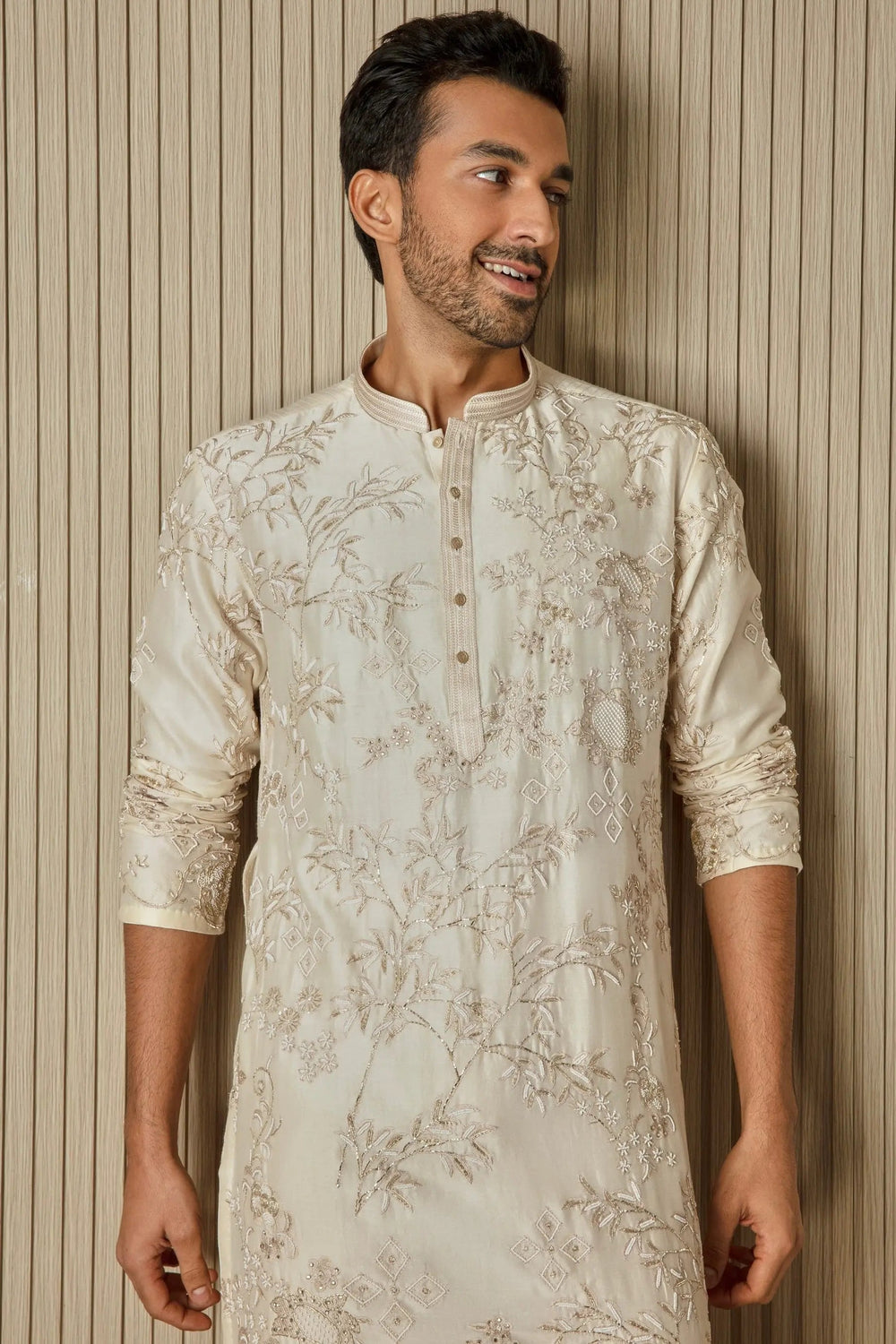 Ivory Opulence: Chanderi Silk Kurta with Sequin, Dabka, Moti, and Resham Embroidery - Asuka Couture