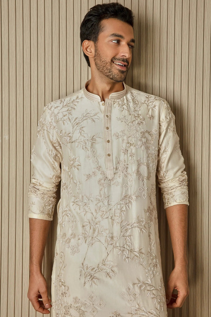 Ivory Opulence: Chanderi Silk Kurta with Sequin, Dabka, Moti, and Resham Embroidery - Asuka Couture