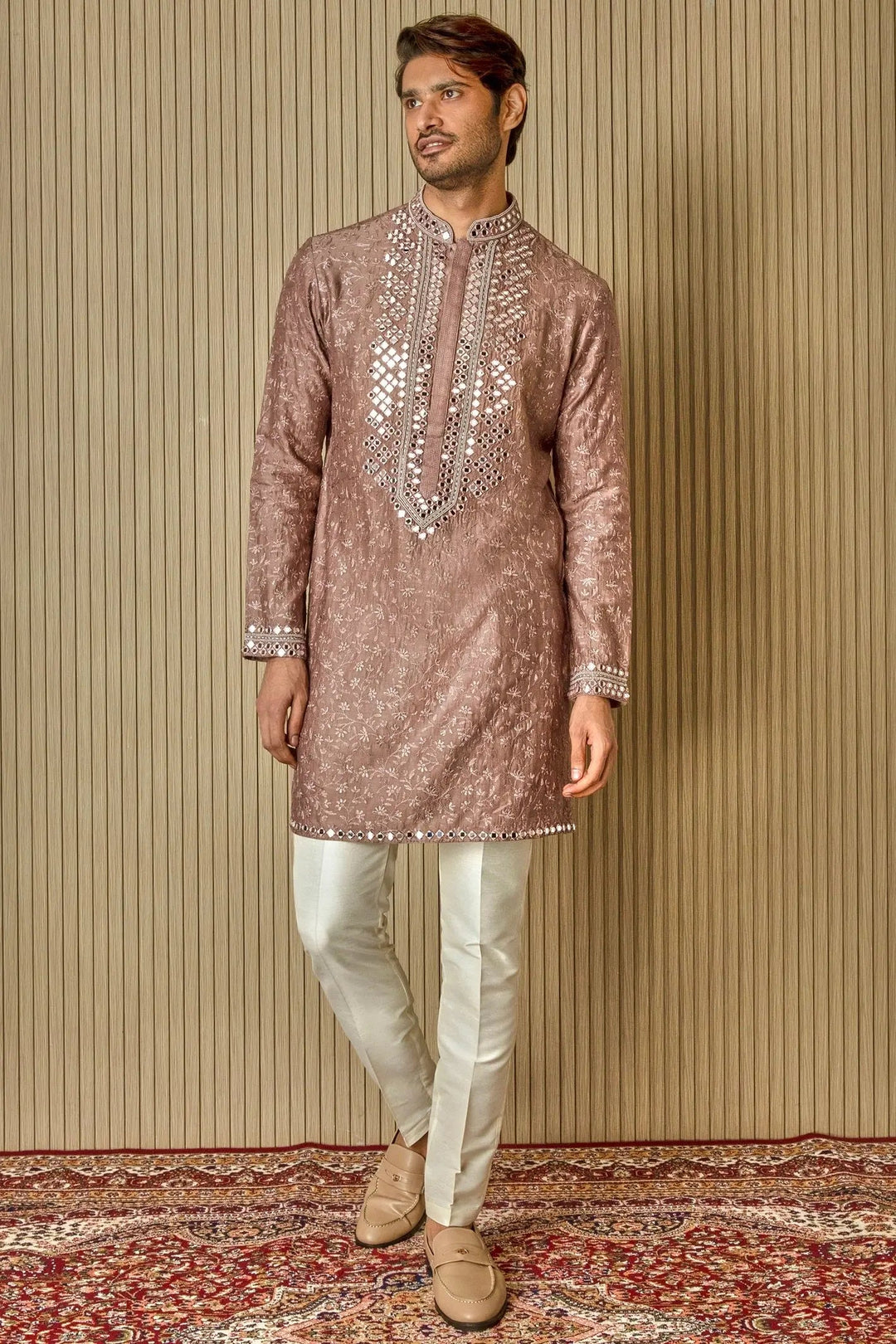 Earthly Opulence: Moti Mirror Resham Brown Silk Kurta - Asuka Couture