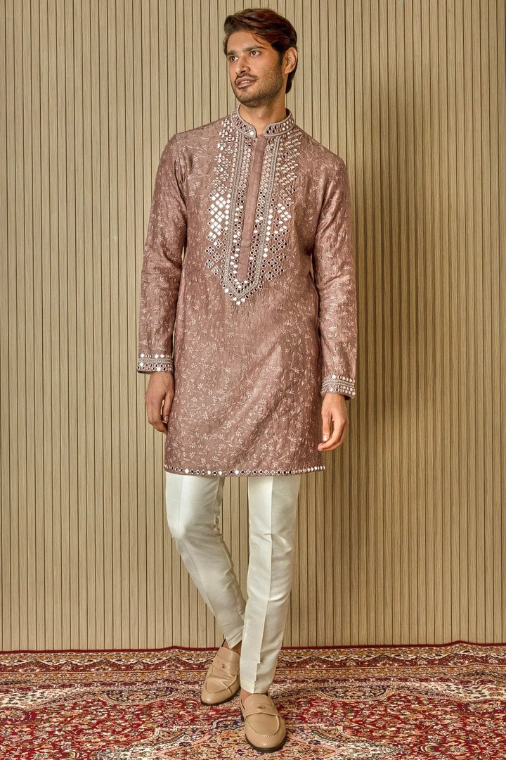 Earthly Opulence: Moti Mirror Resham Brown Silk Kurta - Asuka Couture