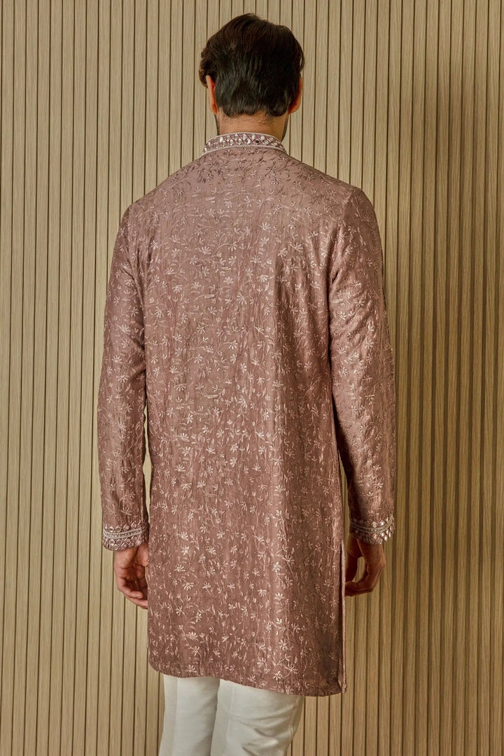 Earthly Opulence: Moti Mirror Resham Brown Silk Kurta - Asuka Couture