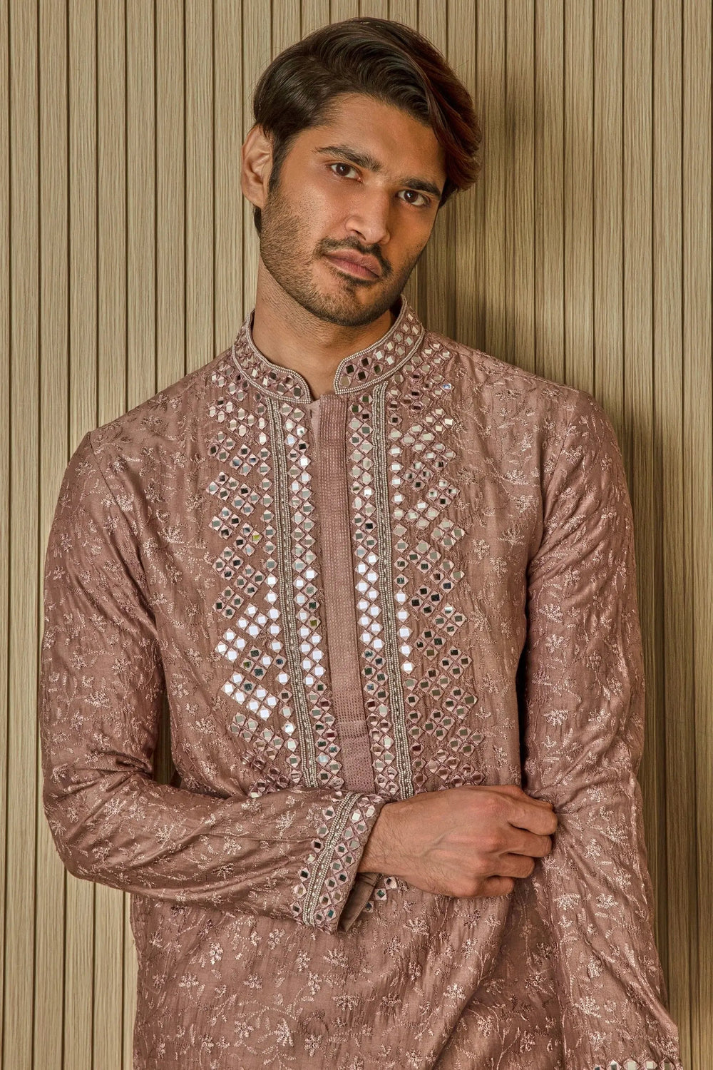 Earthly Opulence: Moti Mirror Resham Brown Silk Kurta - Asuka Couture
