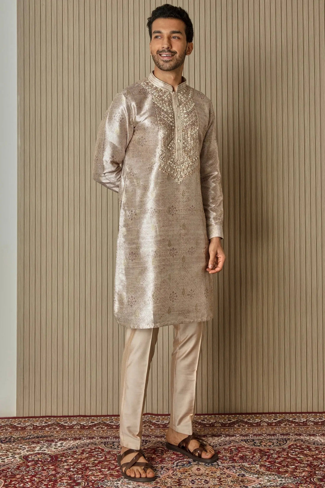 Printed Elegance: Jacquard Silk Kurta with Mirror, Sequin, Resham, and Zari Work - Asuka Couture