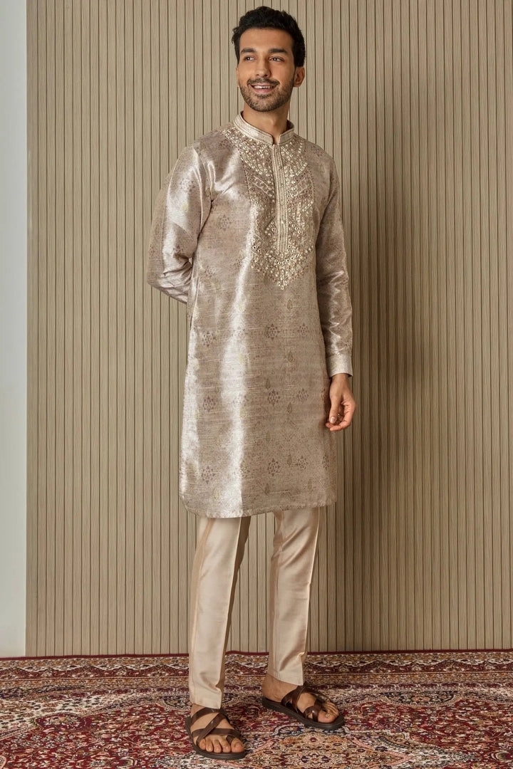 Printed Elegance: Jacquard Silk Kurta with Mirror, Sequin, Resham, and Zari Work - Asuka Couture
