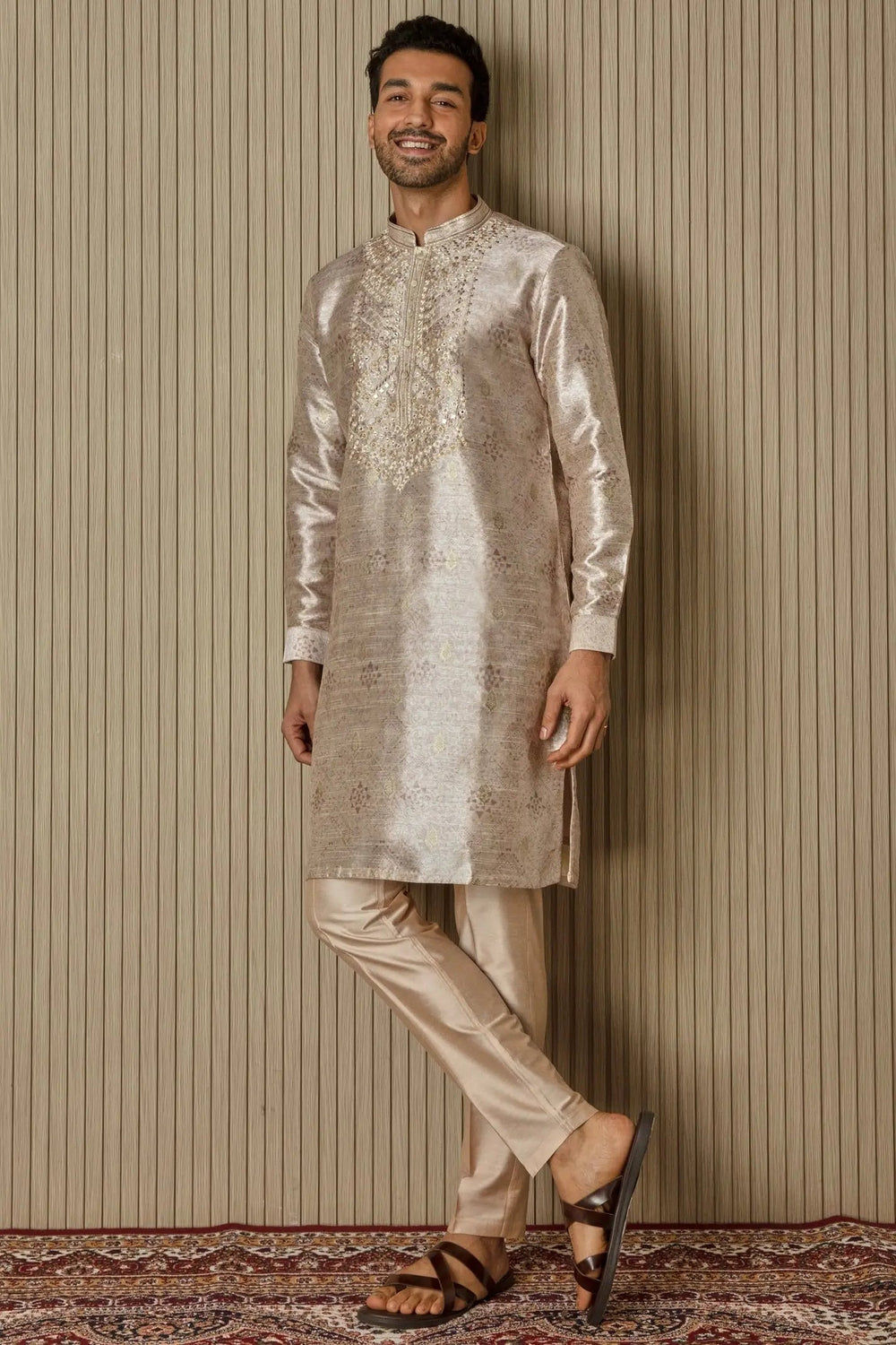 Printed Elegance: Jacquard Silk Kurta with Mirror, Sequin, Resham, and Zari Work - Asuka Couture