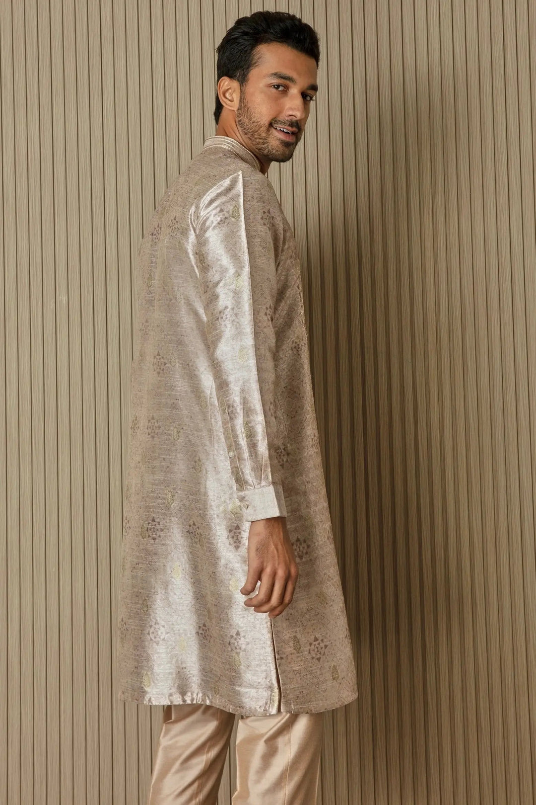 Printed Elegance: Jacquard Silk Kurta with Mirror, Sequin, Resham, and Zari Work - Asuka Couture