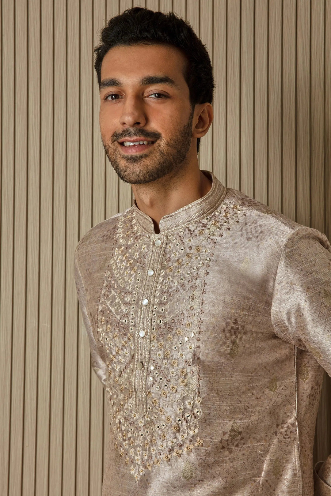 Printed Elegance: Jacquard Silk Kurta with Mirror, Sequin, Resham, and Zari Work - Asuka Couture