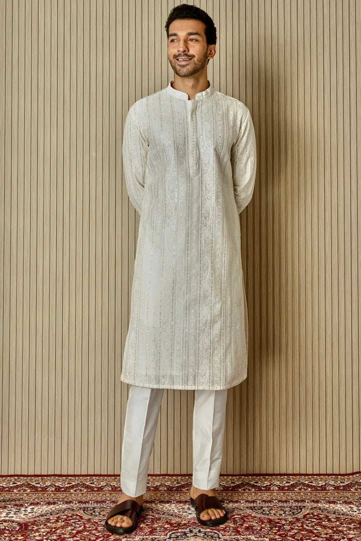 Ivory Geometric Elegance Chanderi Silk Kurta - Asuka Couture
