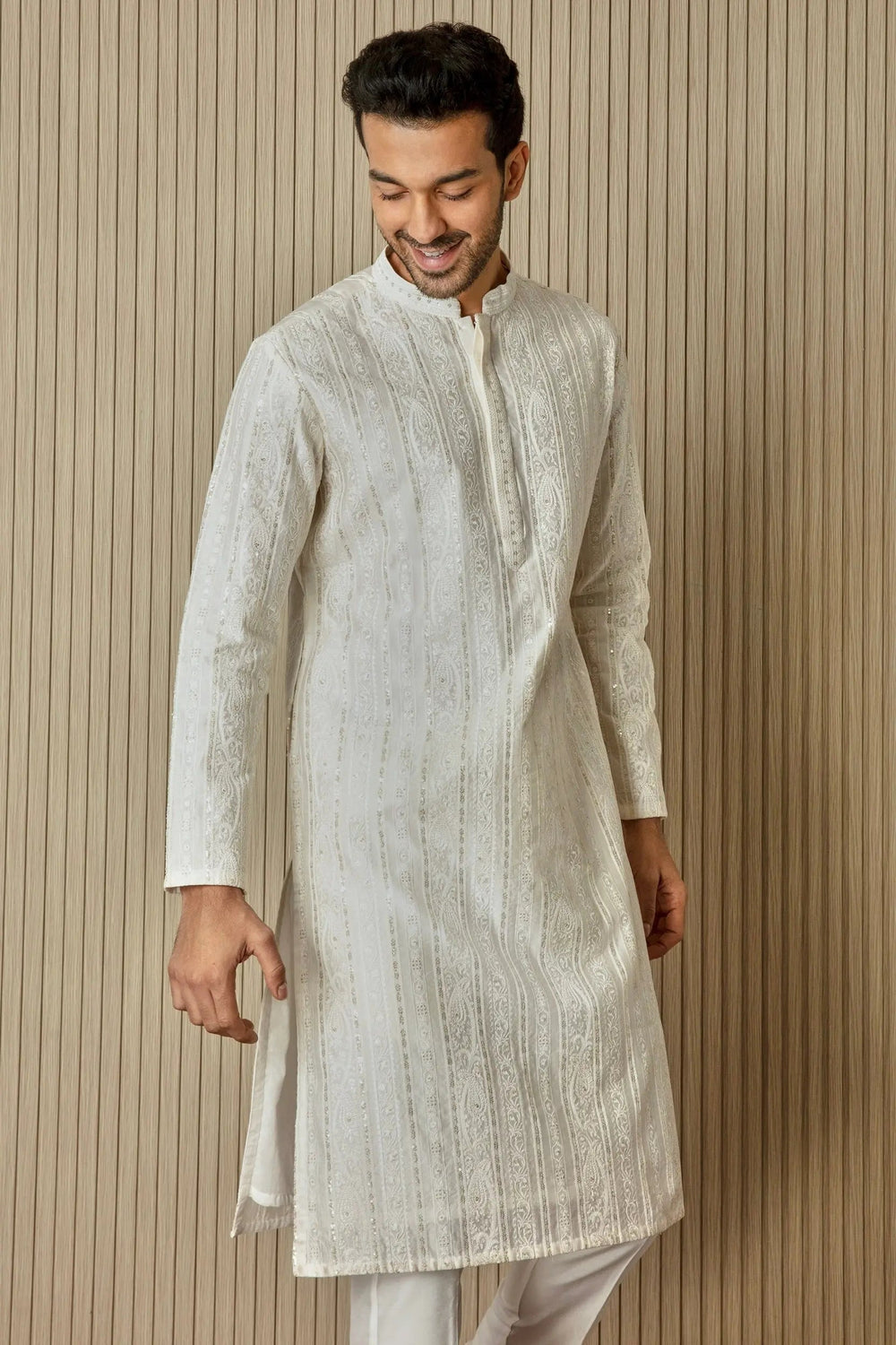 Ivory Geometric Elegance Chanderi Silk Kurta - Asuka Couture