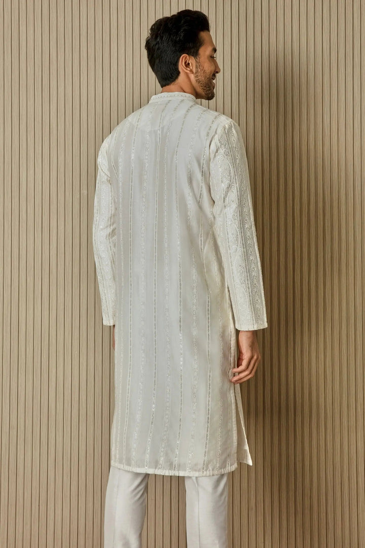 Ivory Geometric Elegance Chanderi Silk Kurta - Asuka Couture