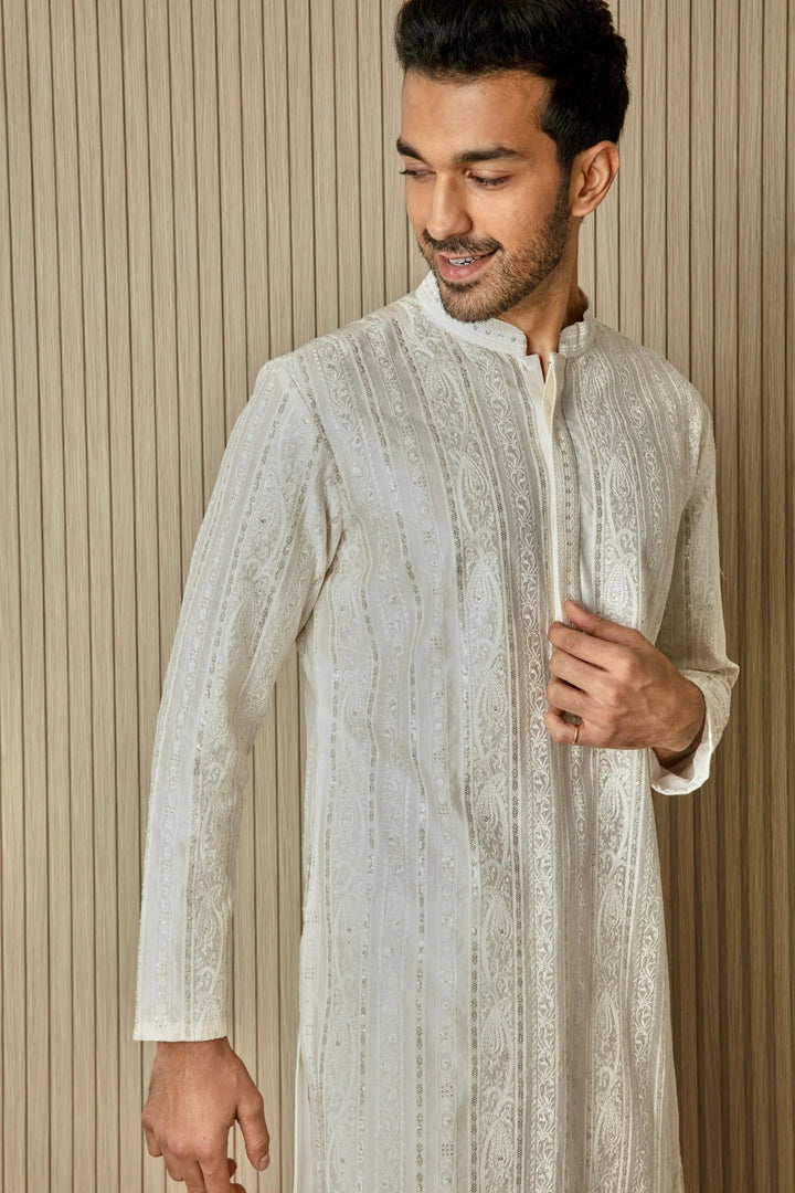 Ivory Geometric Elegance Chanderi Silk Kurta - Asuka Couture
