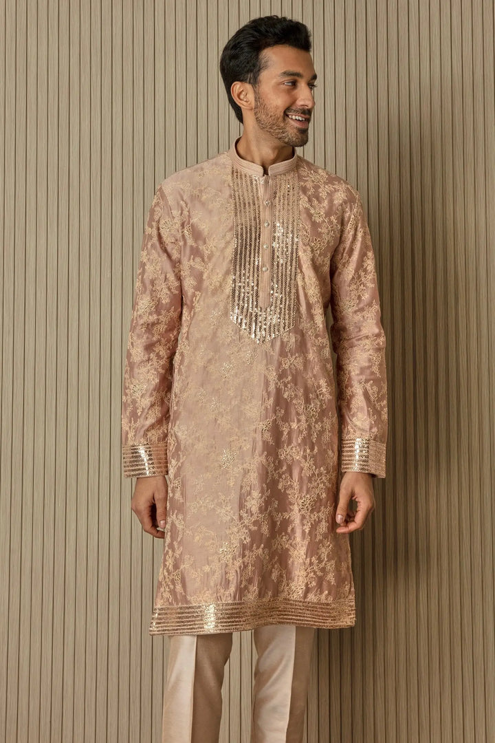 Peachy Radiance: Abstract Floral Sequin Kurta - Asuka Couture