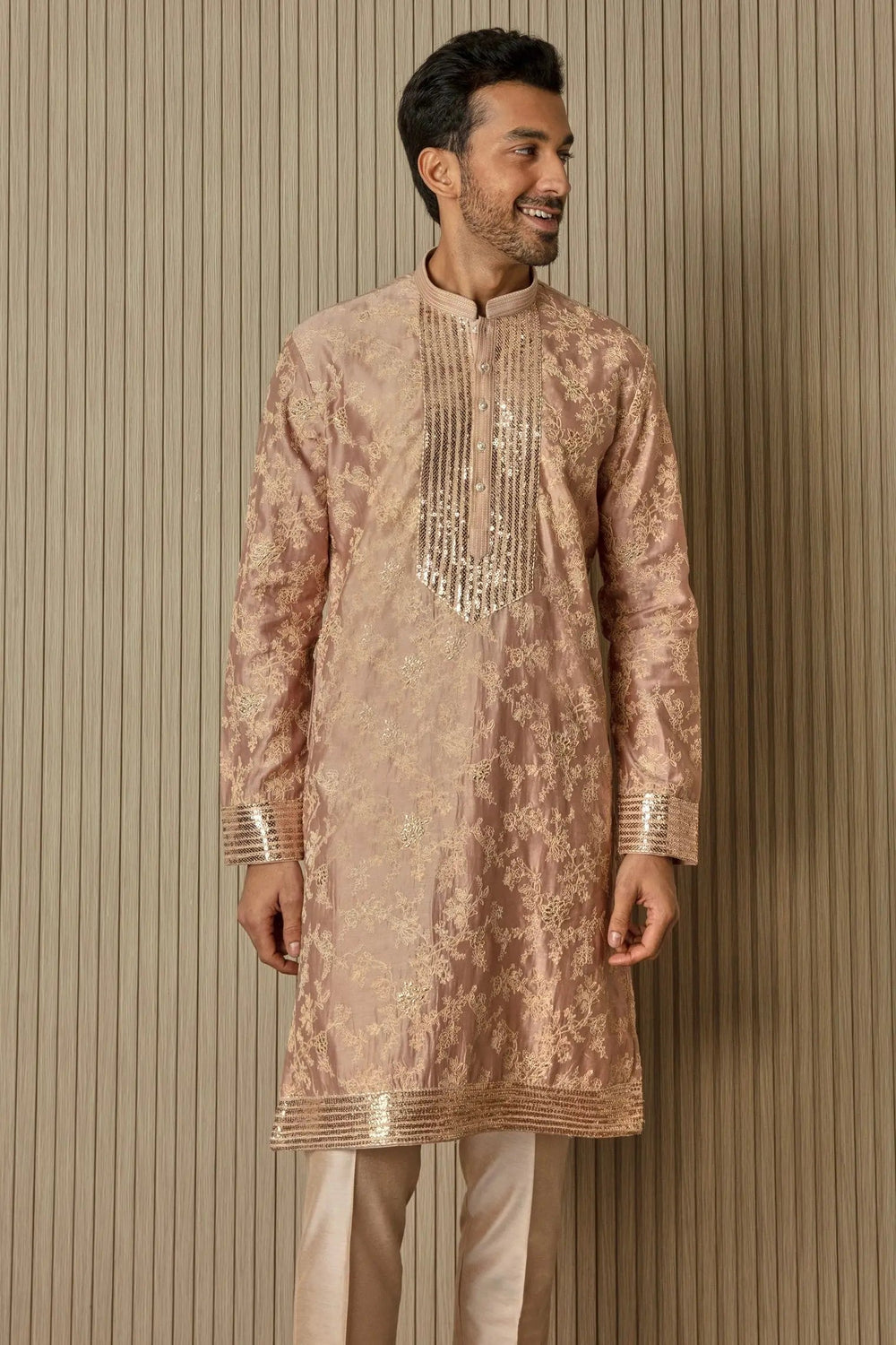 Peachy Radiance: Abstract Floral Sequin Kurta - Asuka Couture