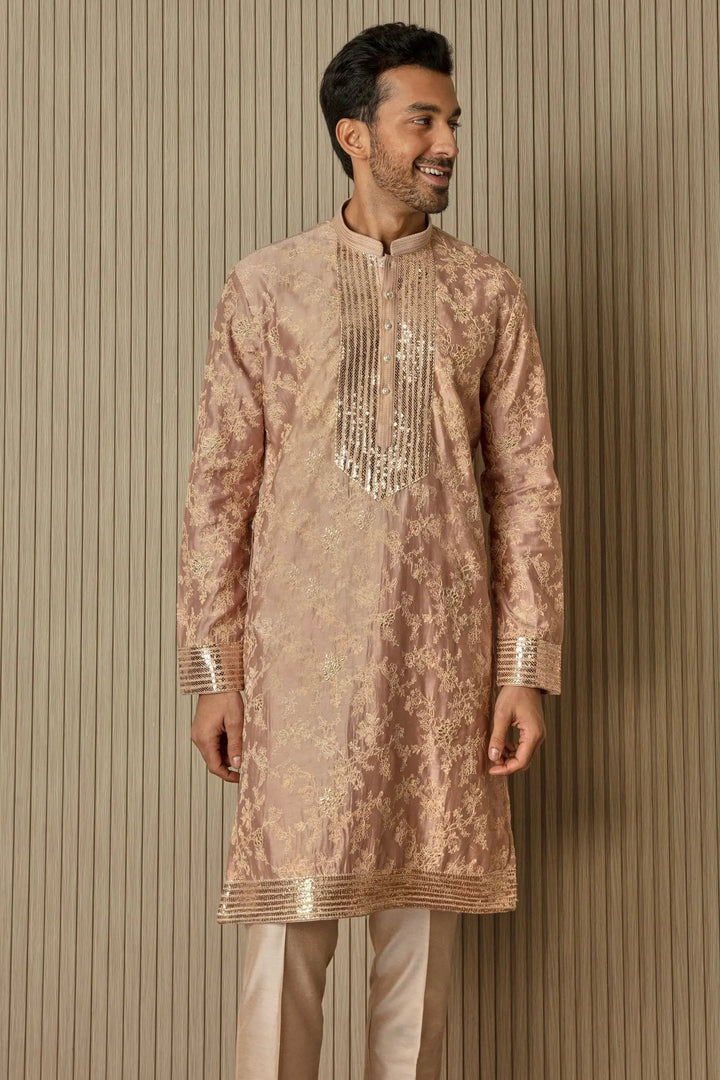 Peachy Radiance: Abstract Floral Sequin Kurta - Asuka Couture