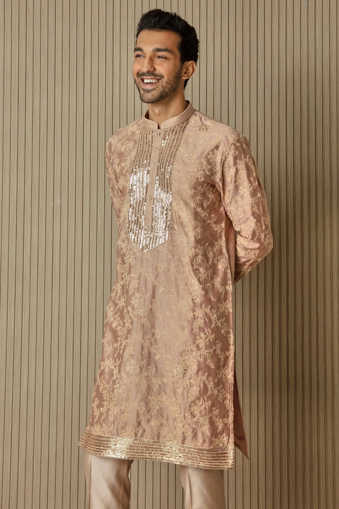 Peachy Radiance: Abstract Floral Sequin Kurta - Asuka Couture
