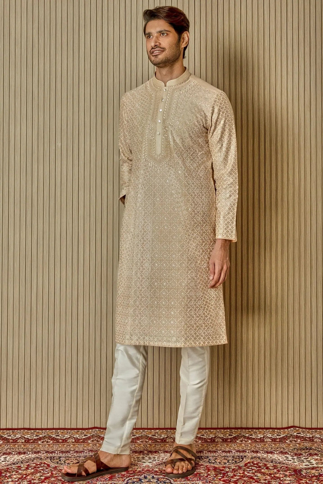 Cream Dream: Tussar Silk Kurta with Resham, Lurex, Zari, and Sequin Embroidery - Asuka Couture