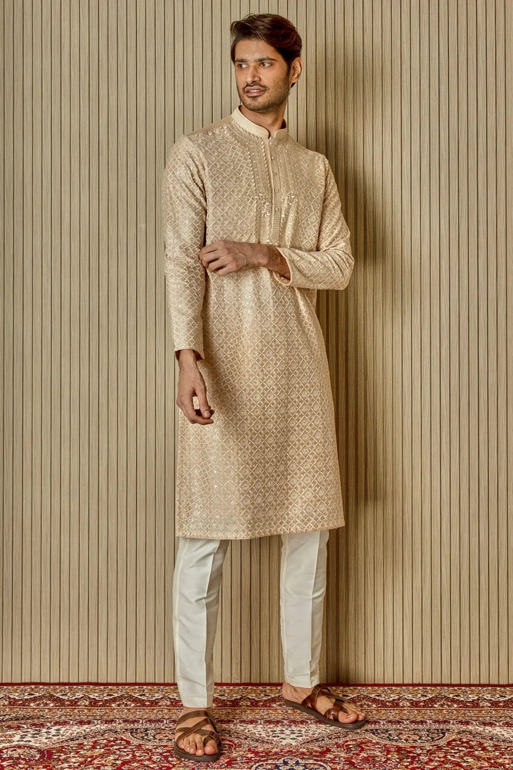Cream Dream: Tussar Silk Kurta with Resham, Lurex, Zari, and Sequin Embroidery - Asuka Couture