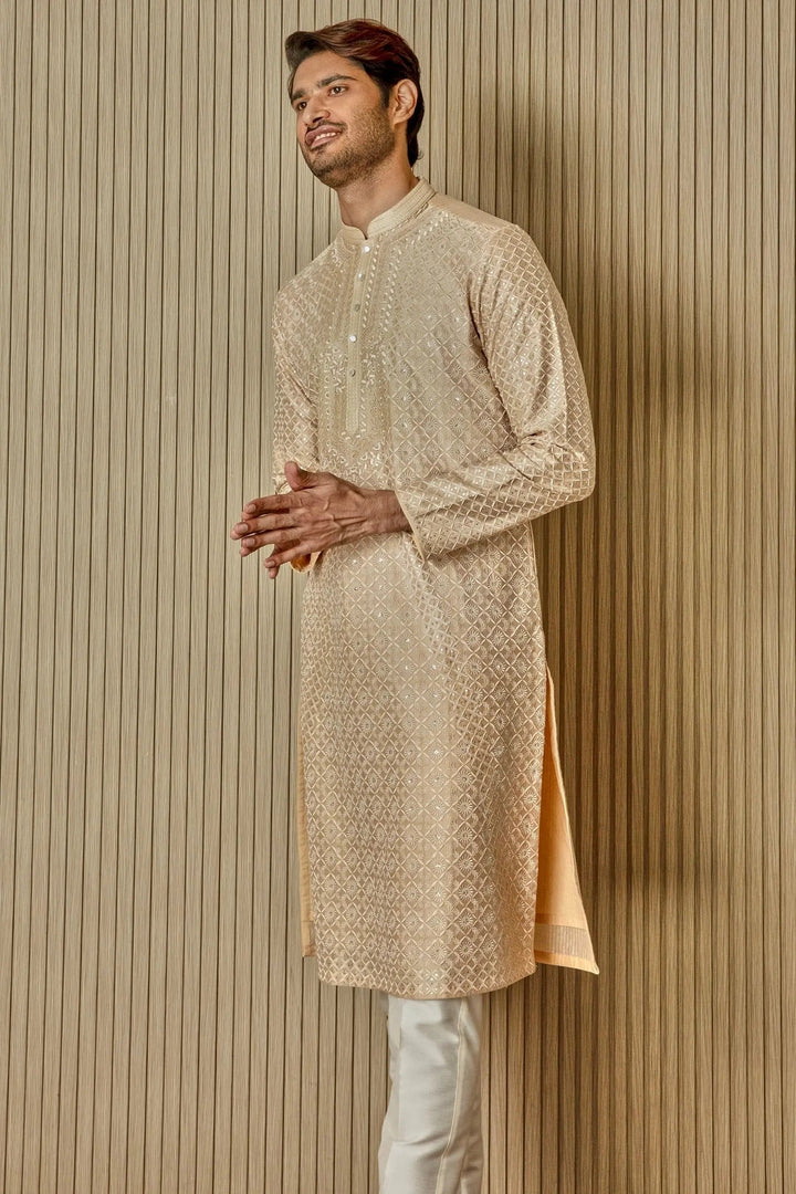 Cream Dream: Tussar Silk Kurta with Resham, Lurex, Zari, and Sequin Embroidery - Asuka Couture