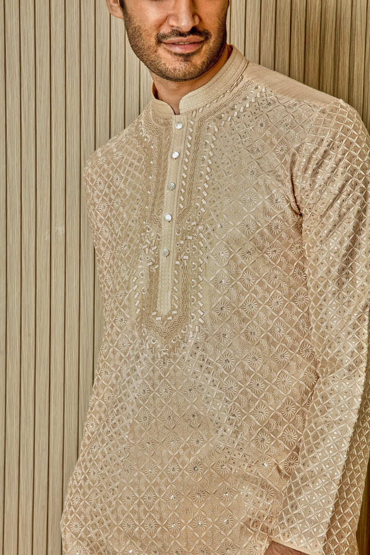 Cream Dream: Tussar Silk Kurta with Resham, Lurex, Zari, and Sequin Embroidery - Asuka Couture
