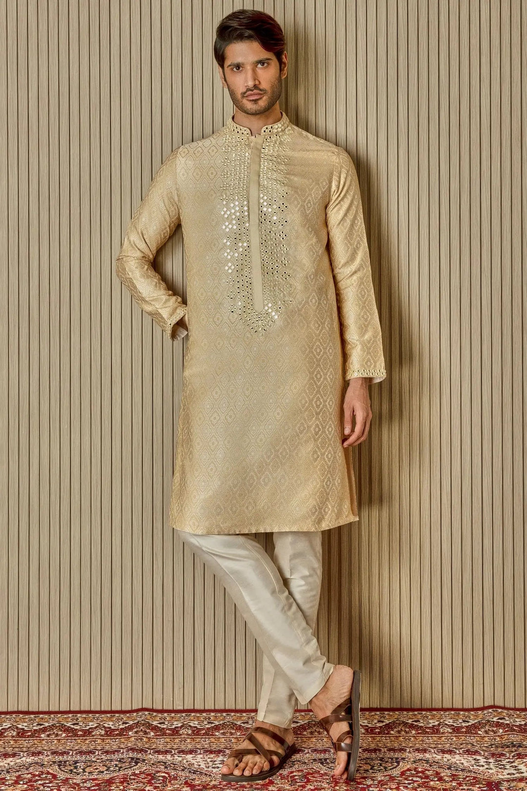 Golden Splendor: Jaquard Silk Kurta with Mirror Work - Asuka Couture