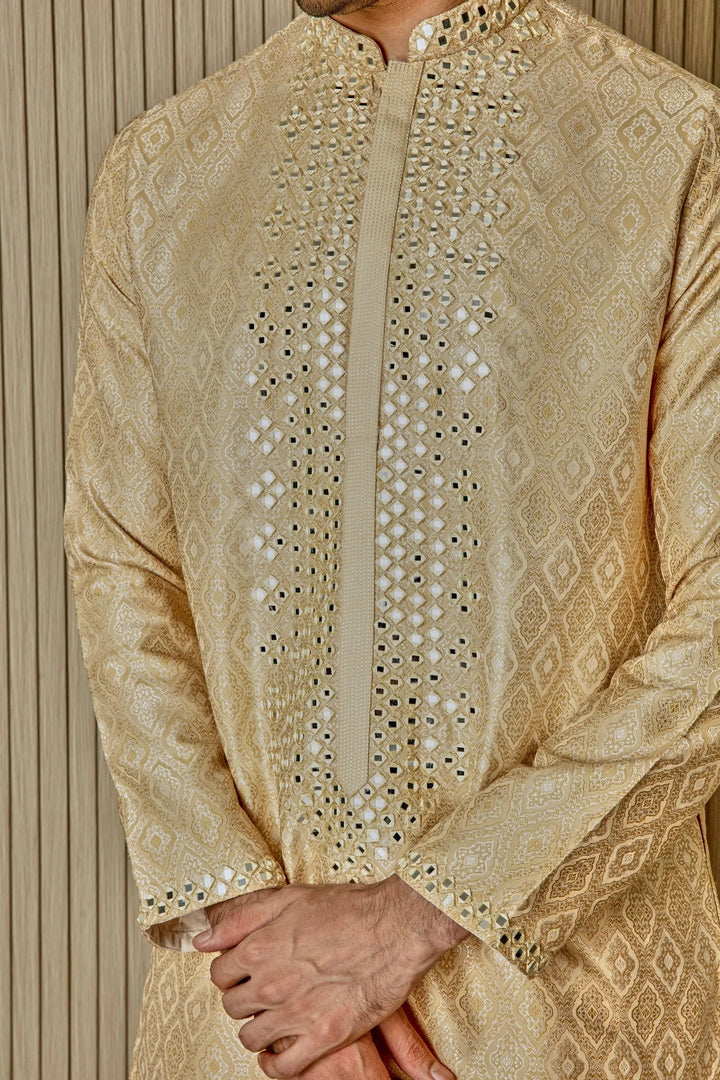 Golden Splendor: Jaquard Silk Kurta with Mirror Work - Asuka Couture