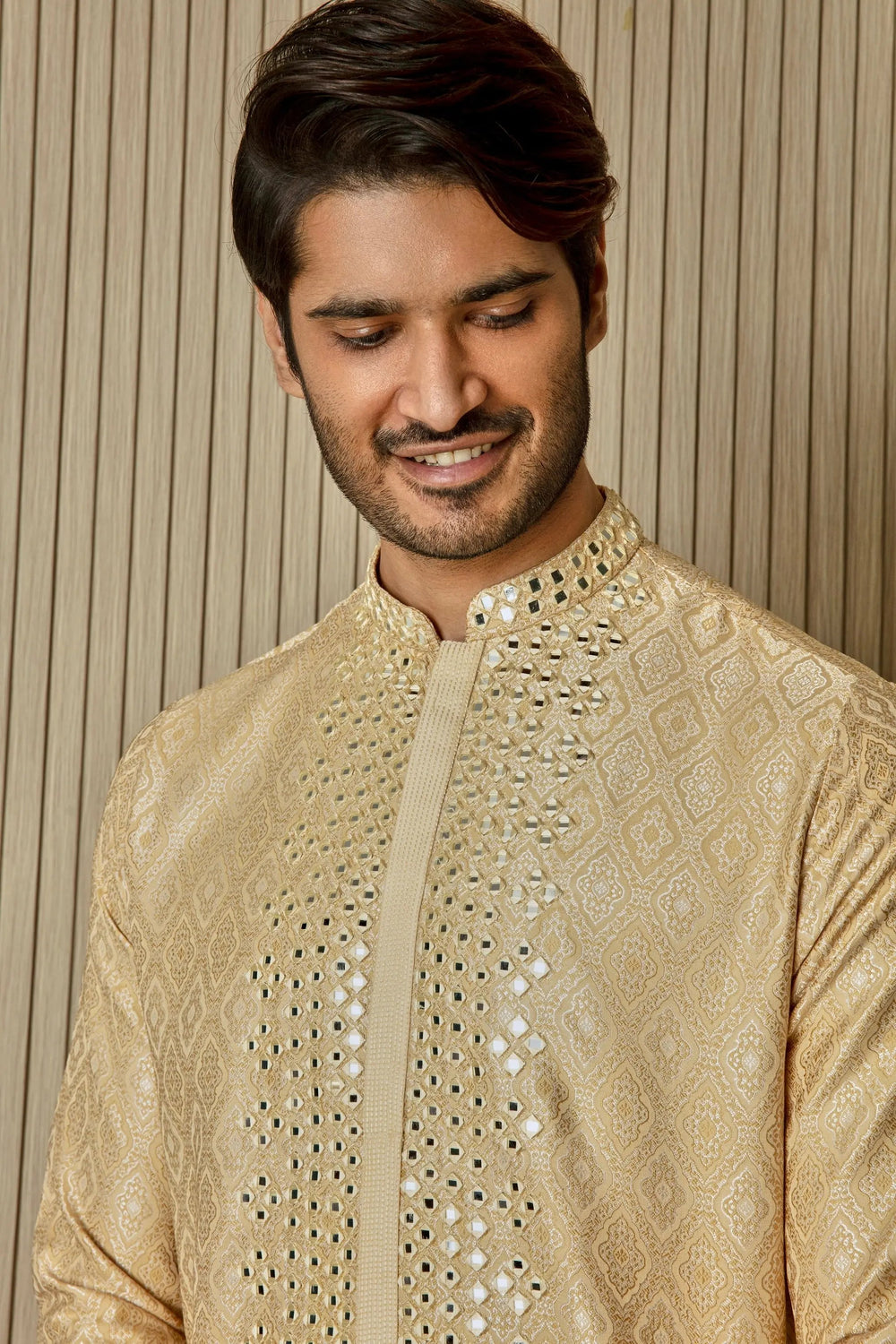 Golden Splendor: Jaquard Silk Kurta with Mirror Work - Asuka Couture