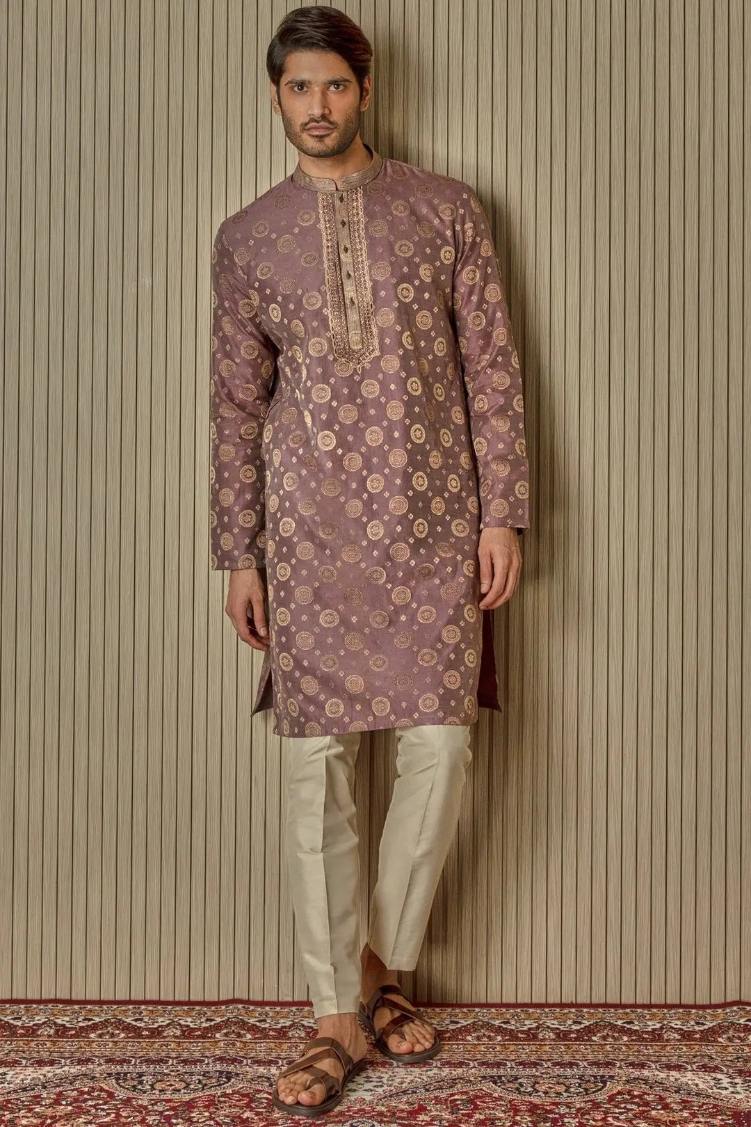 Chakra Symphony: Jacquard Silk Print Motif Kurta - Asuka Couture