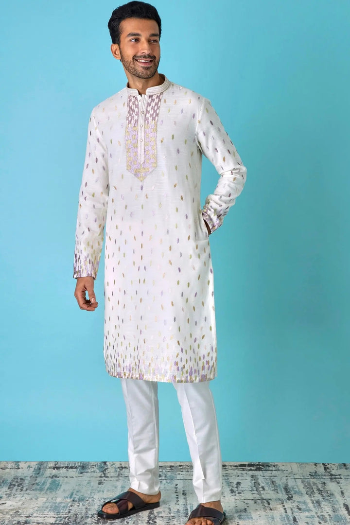 Ivory Extravaganza: Ivory Chanderi Silk Kurta with Resham and Zari Embroidery - Asuka Couture