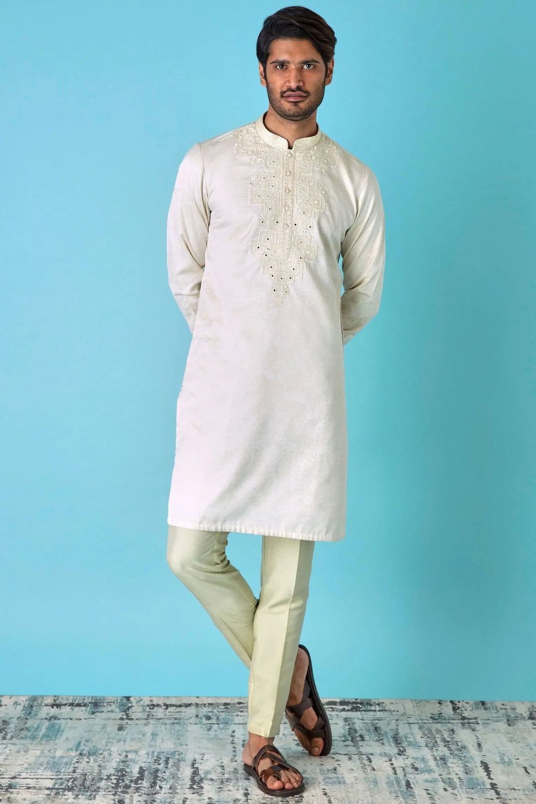 Ivory Glamour: Jacquard Print Mirror Embroidered Kurta - Asuka Couture