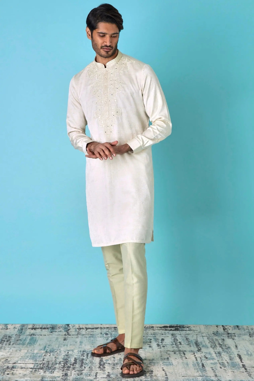 Ivory Glamour: Jacquard Print Mirror Embroidered Kurta - Asuka Couture