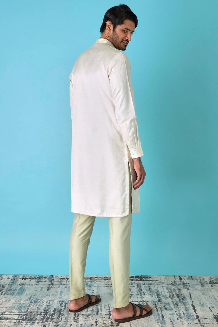 Ivory Glamour: Jacquard Print Mirror Embroidered Kurta - Asuka Couture