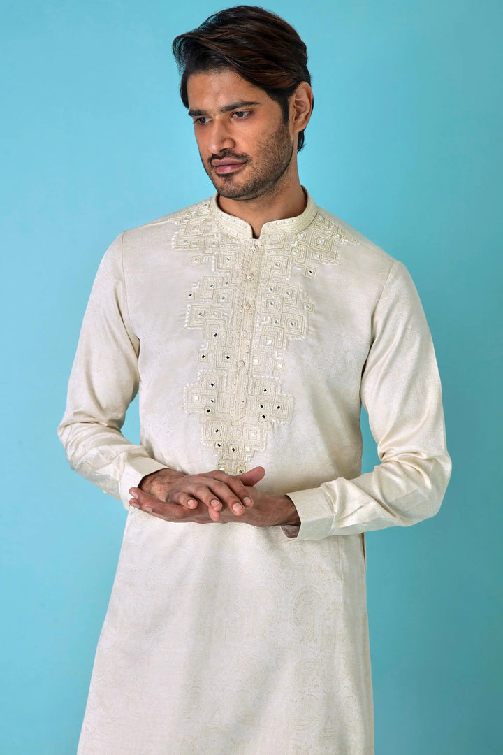 Ivory Glamour: Jacquard Print Mirror Embroidered Kurta - Asuka Couture