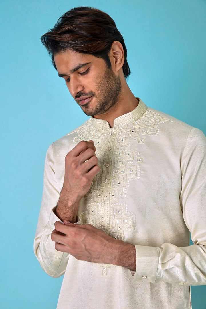 Ivory Glamour: Jacquard Print Mirror Embroidered Kurta - Asuka Couture