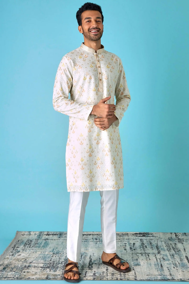 Leafy Affair: Ivory Kurta with Leaf Motifs in Yellow, Peach, and White - Asuka Couture