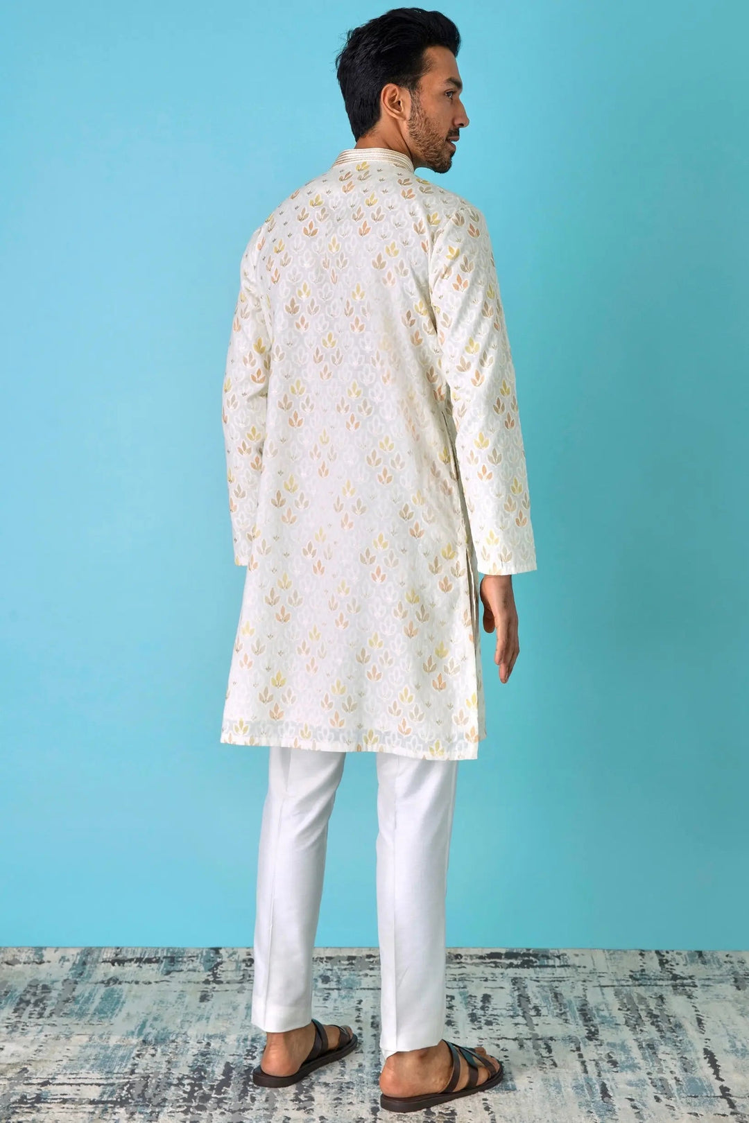Leafy Affair: Ivory Kurta with Leaf Motifs in Yellow, Peach, and White - Asuka Couture