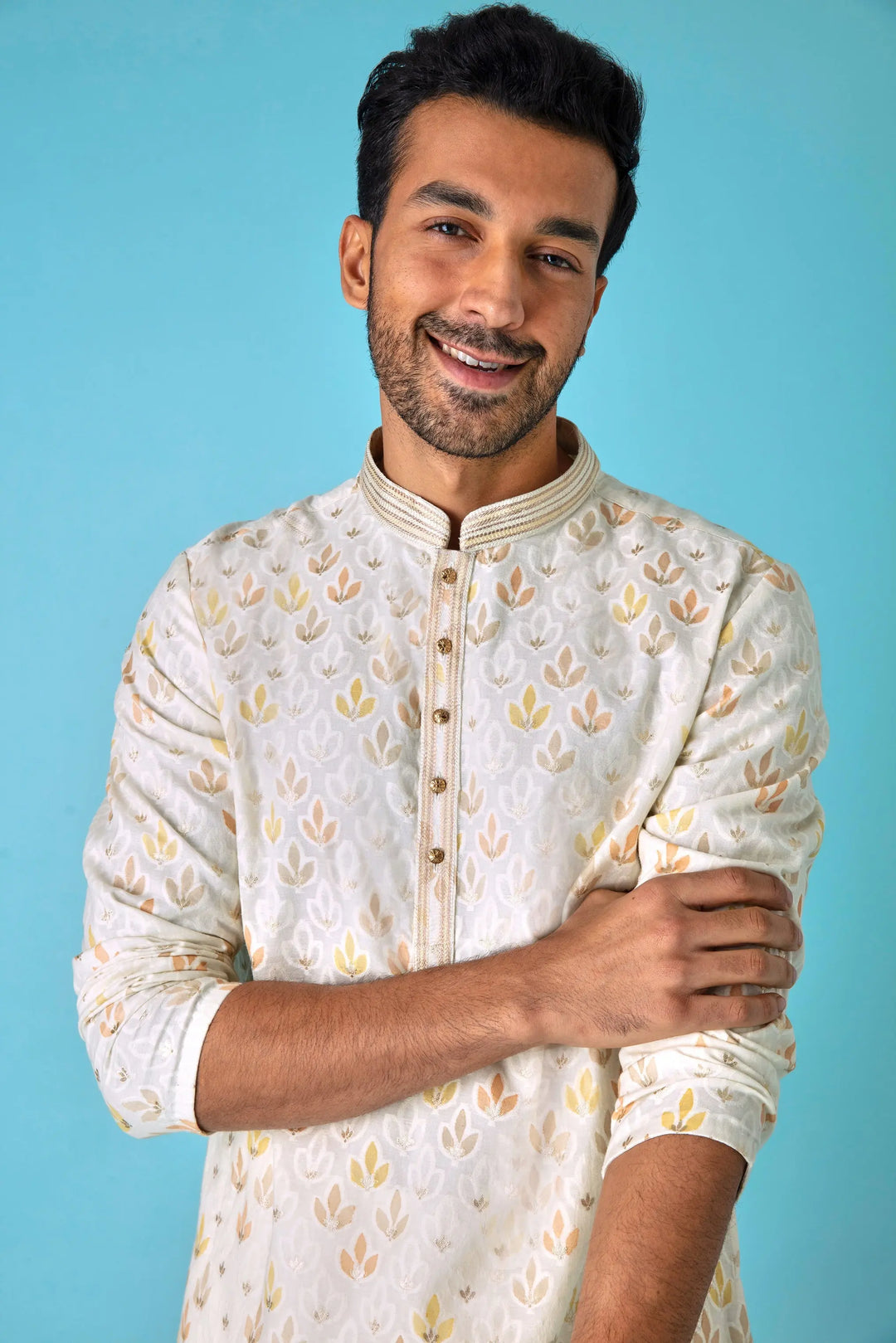 Leafy Affair: Ivory Kurta with Leaf Motifs in Yellow, Peach, and White - Asuka Couture