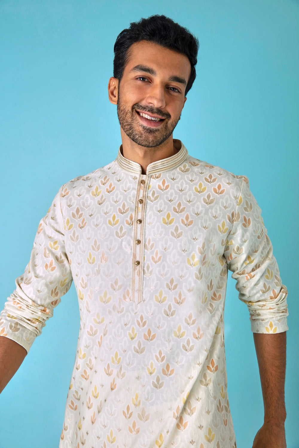Leafy Affair: Ivory Kurta with Leaf Motifs in Yellow, Peach, and White - Asuka Couture