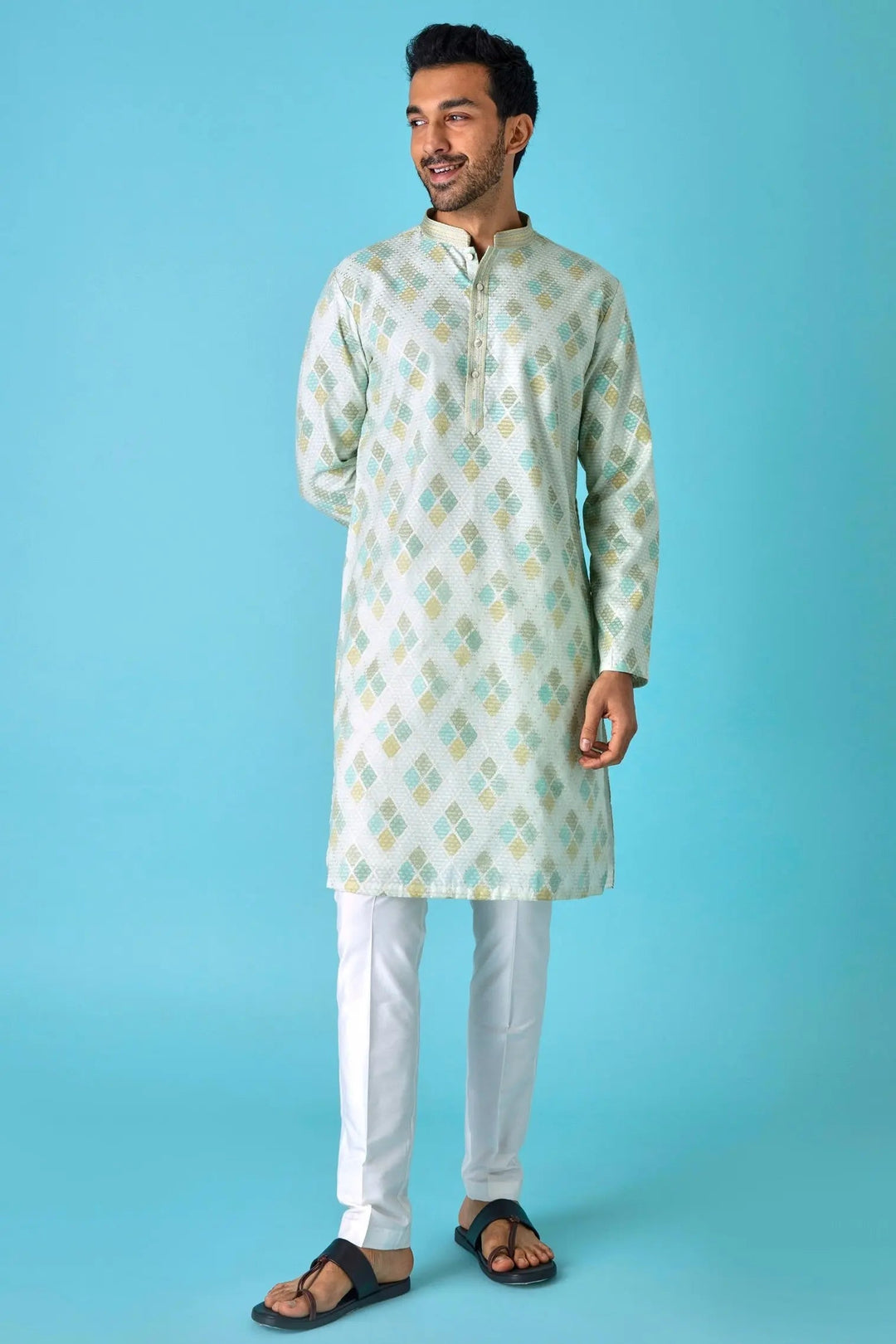 Emerald Elegance: Diamond Print Jaquard Green Kurta - Asuka Couture