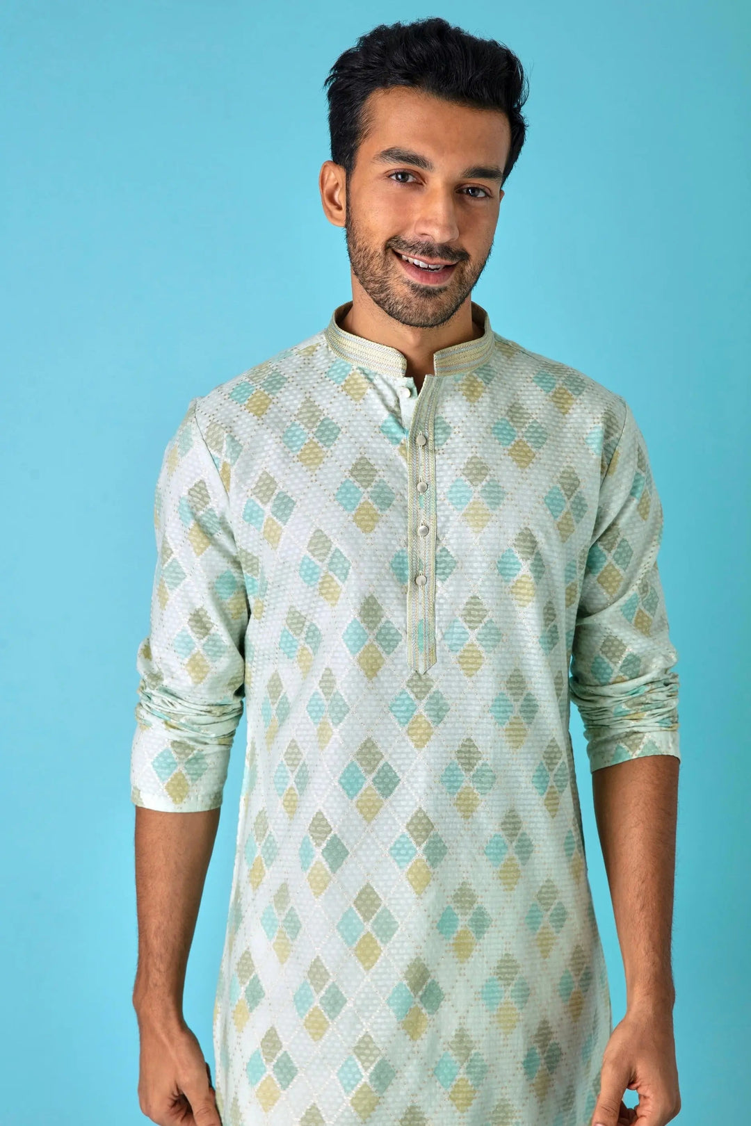 Emerald Elegance: Diamond Print Jaquard Green Kurta - Asuka Couture