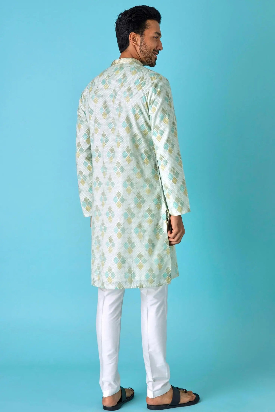 Emerald Elegance: Diamond Print Jaquard Green Kurta - Asuka Couture
