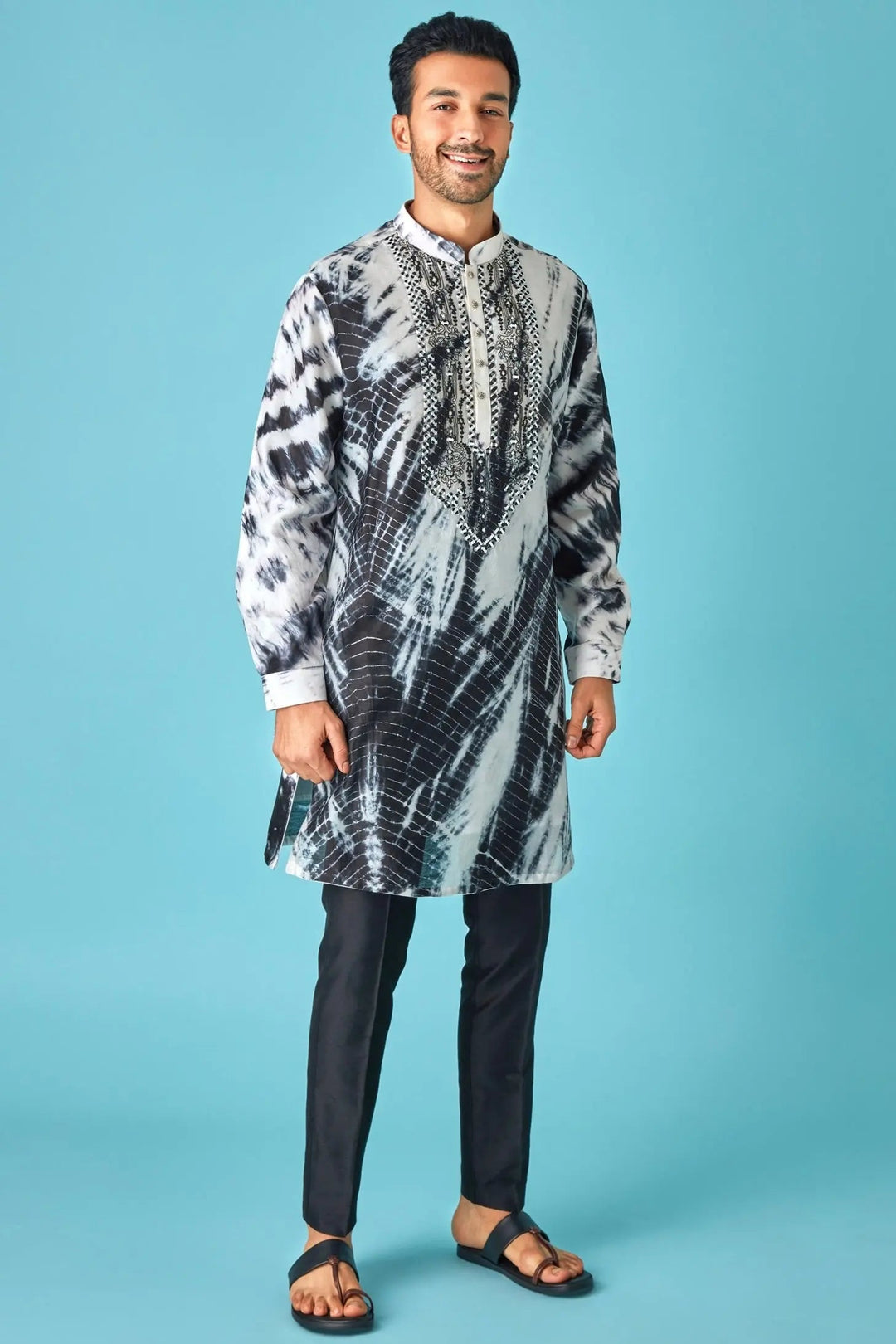 Monochrome Beauty: White and Black Tie-Dye Pure Linen Kurta with Mirror and Dori Embroidery - Asuka Couture